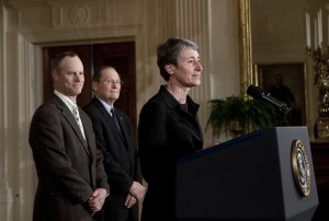 Brendan Smialowski/Getty Images - Sally Jewell, president and CEO of REI, introduces President Barack Obama during a February 2011 event in the East Room of the White House to promote the America's Great Outdoors Initiative which encourages Americans to connect with the outdoors and conserve the environment.