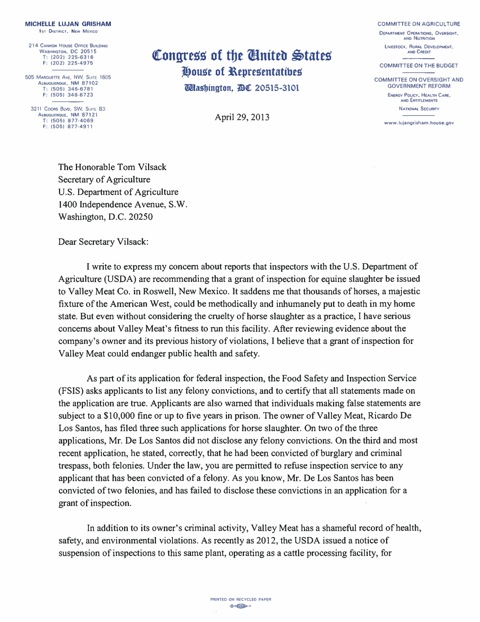 1Vilsack Letter re Horse Slaughter Letter Final-1