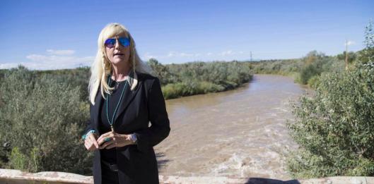 Environmental activist Erin Brockovich visits San Juan River on Navajo Nation downstream from the Gold King Mine spill on Tuesday, Sept. 8, 2015, near Shiprock, N.M. Brockovich accused the U.S. Environmental Protection Agency of lying about how much toxic wastewater spilled from the Colorado mine and fouled rivers in three Western states. (Michael Chow/The Arizona Republic via AP) MARICOPA COUNTY OUT; MAGS OUT; NO SALES; MANDATORY CREDIT
