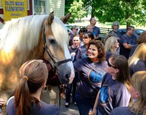 Jamie Puckett, center, and other teachers at Julius Marks Elementary School went to Walnut Hall Stock Farm on Aug. 8 to meet Mercy, a rescue Belgian draft horse that will be the ambassador for Take the Reins, a new service learning program at their school to teach children about the equine industry and benefit the Kentucky Equine Humane Center. Tom Eblen teblen@herald-leader.com